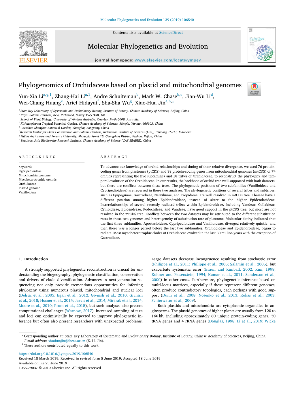 Phylogenomics of Orchidaceae Based on Plastid and Mitochondrial Genomes T Yun-Xia Lia,G,1, Zhang-Hai Lia,1, Andre Schuitemanb, Mark W