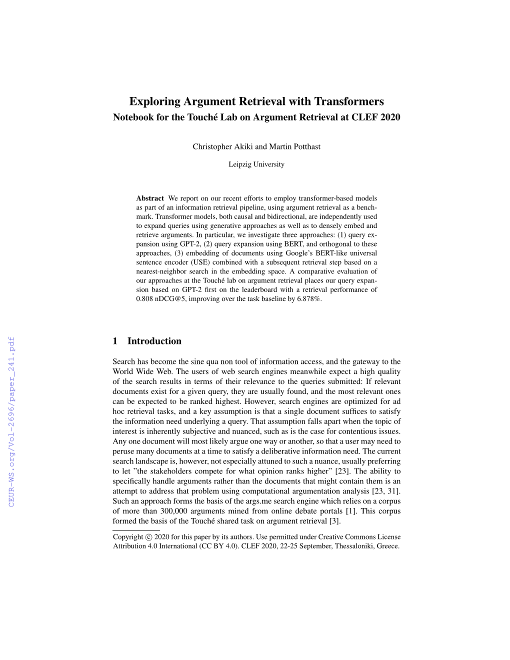 Exploring Argument Retrieval with Transformers Notebook for the Touché Lab on Argument Retrieval at CLEF 2020