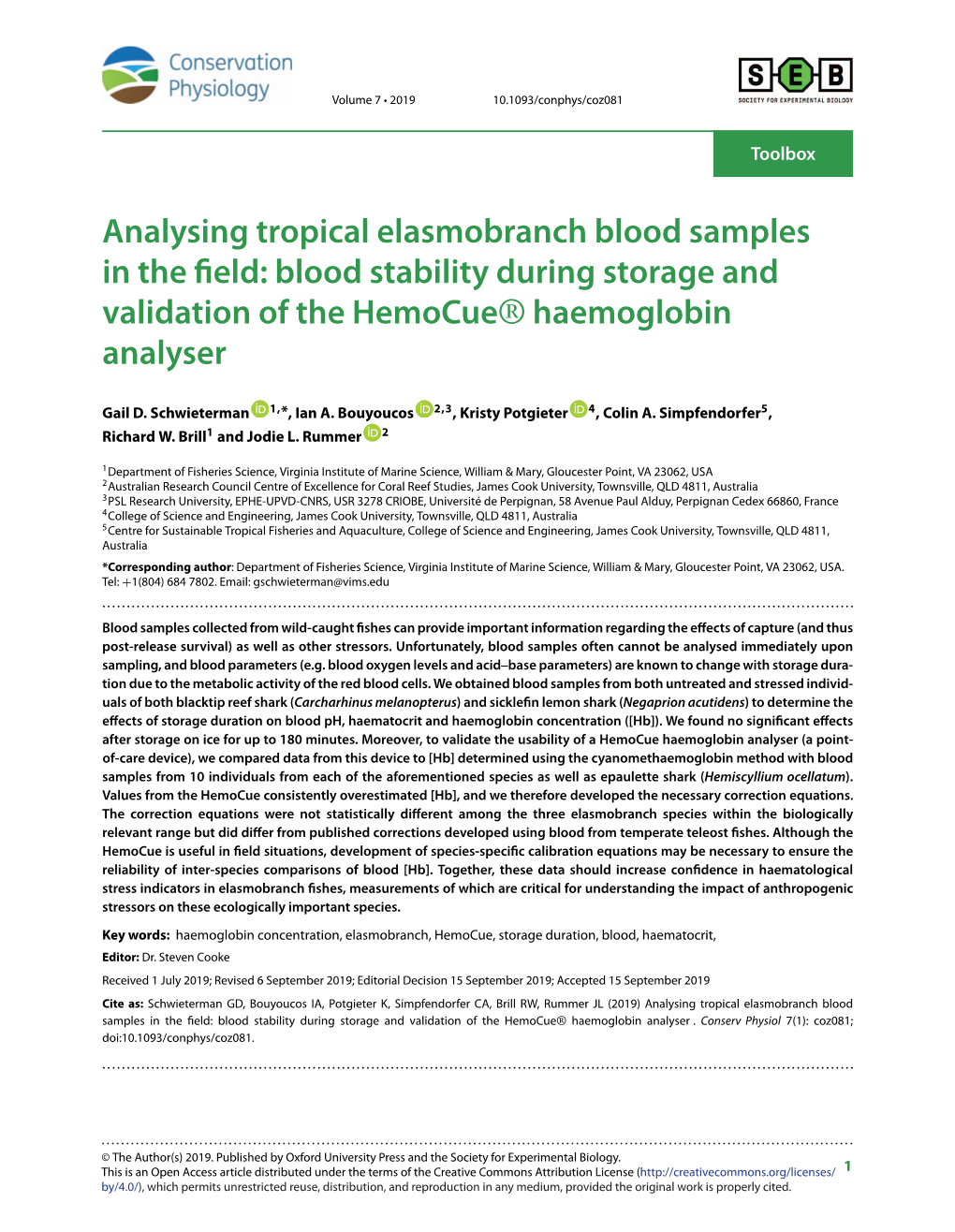 Analysing Tropical Elasmobranch Blood Samples in the Field: Blood Stability During Storage and Validation of the Hemocue® Haemoglobin Analyser