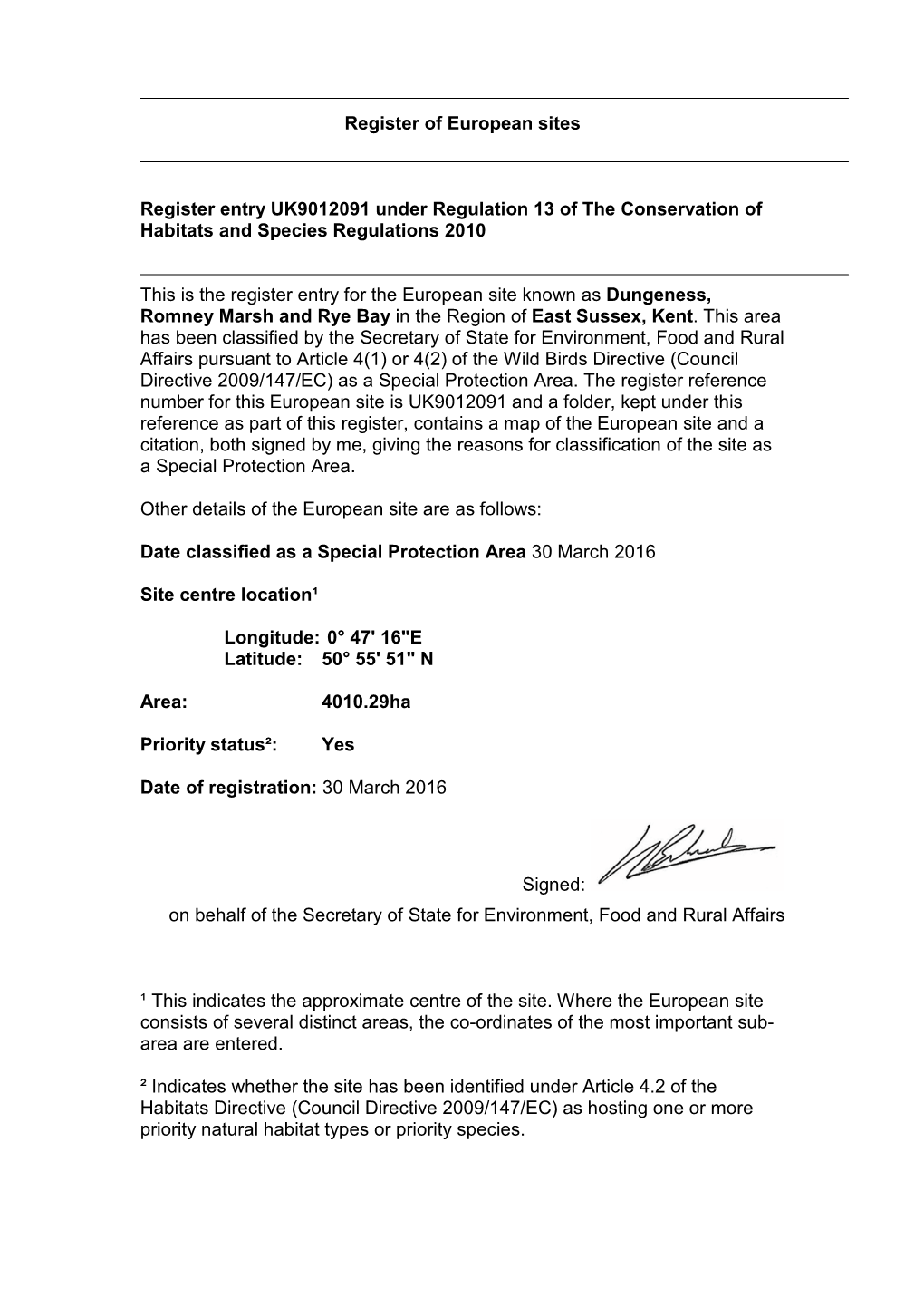 Register of European Sites Register Entry UK9012091 Under Regulation