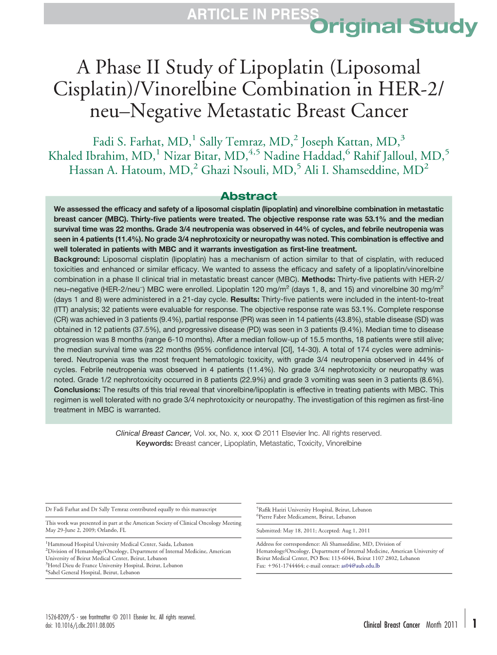 A Phase II Study of Lipoplatin (Liposomal Cisplatin)/Vinorelbine Combination in HER-2/ Neu–Negative Metastatic Breast Cancer
