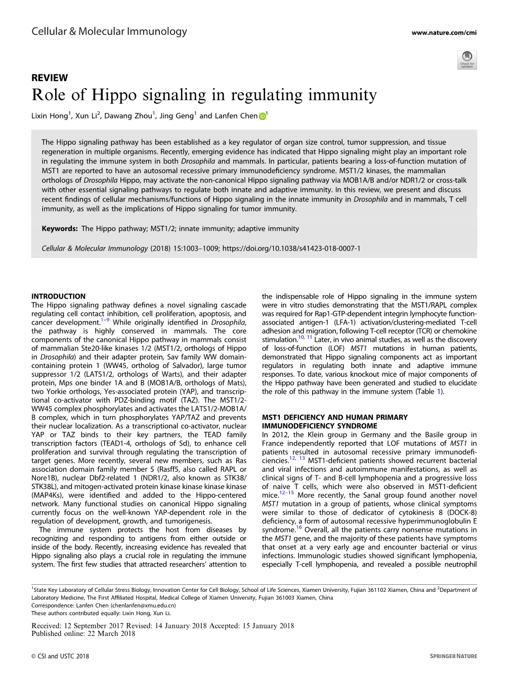 Role of Hippo Signaling in Regulating Immunity