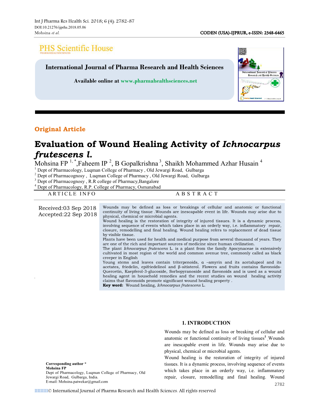 Evaluation of Wound Healing Activity of Ichnocarpus Frutescens L