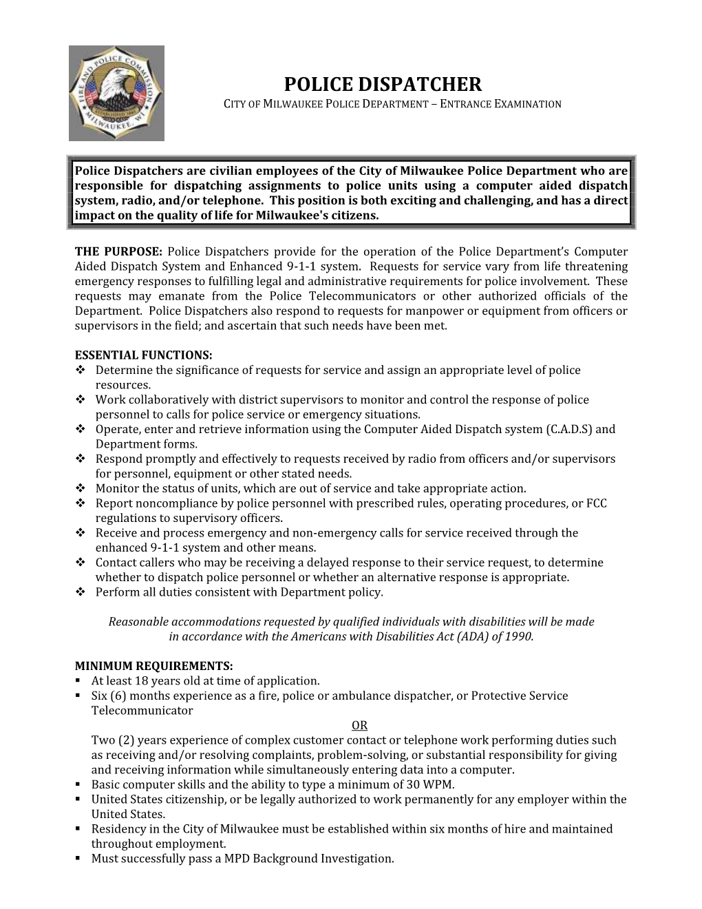 Police Dispatcher City of Milwaukee Police Department – Entrance Examination