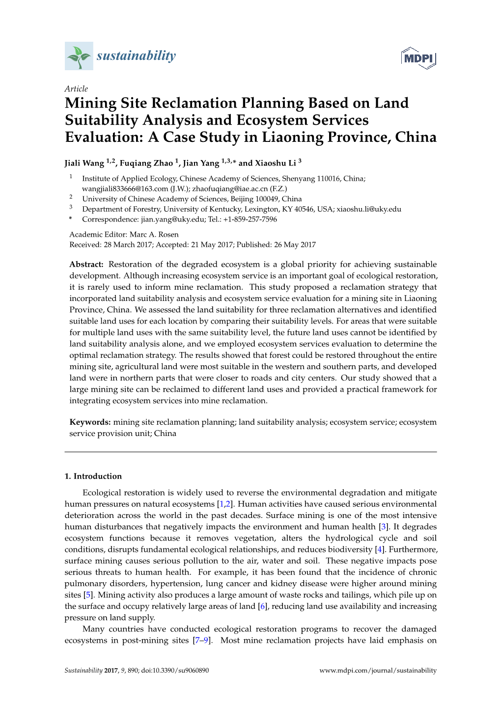 Mining Site Reclamation Planning Based on Land Suitability Analysis and Ecosystem Services Evaluation: a Case Study in Liaoning Province, China