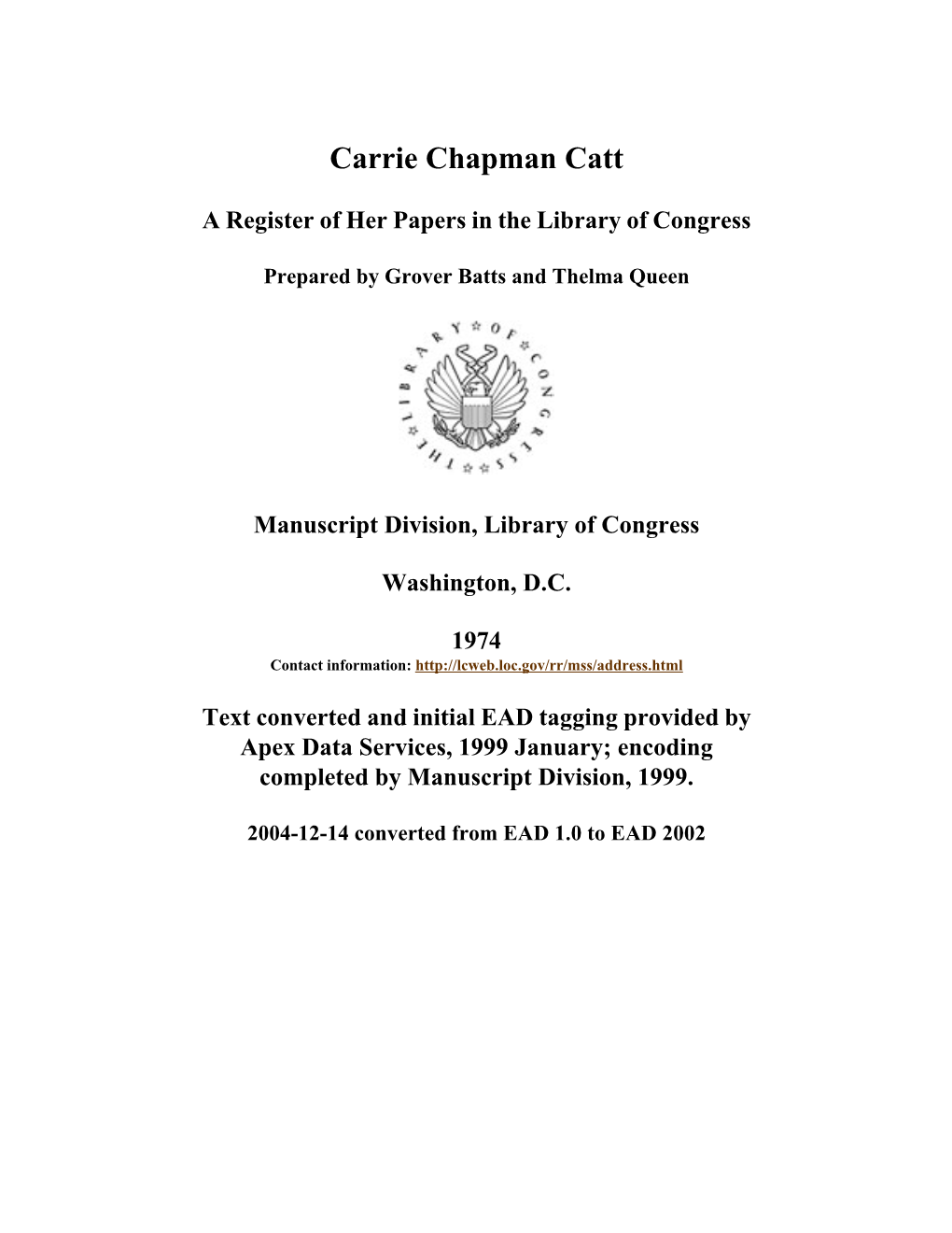Papers of Carrie Chapman Catt [Finding Aid