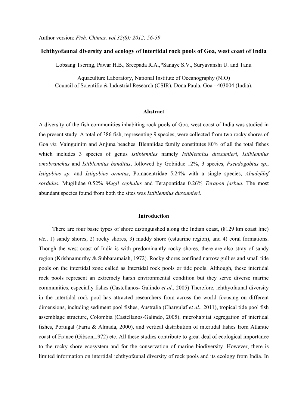 Ichthyofaunal Diversity and Ecology of Intertidal Rock Pools of Goa, West Coast of India