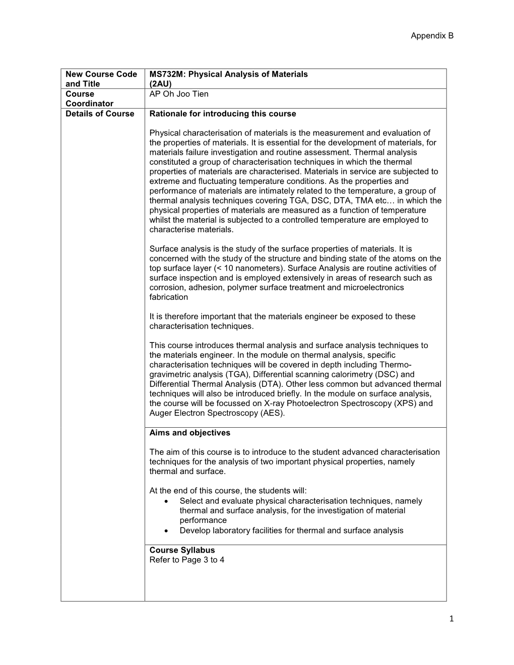 Physical Analysis of Materials and Title (2AU) Course AP Oh Joo Tien Coordinator Details of Course Rationale for Introducing This Course