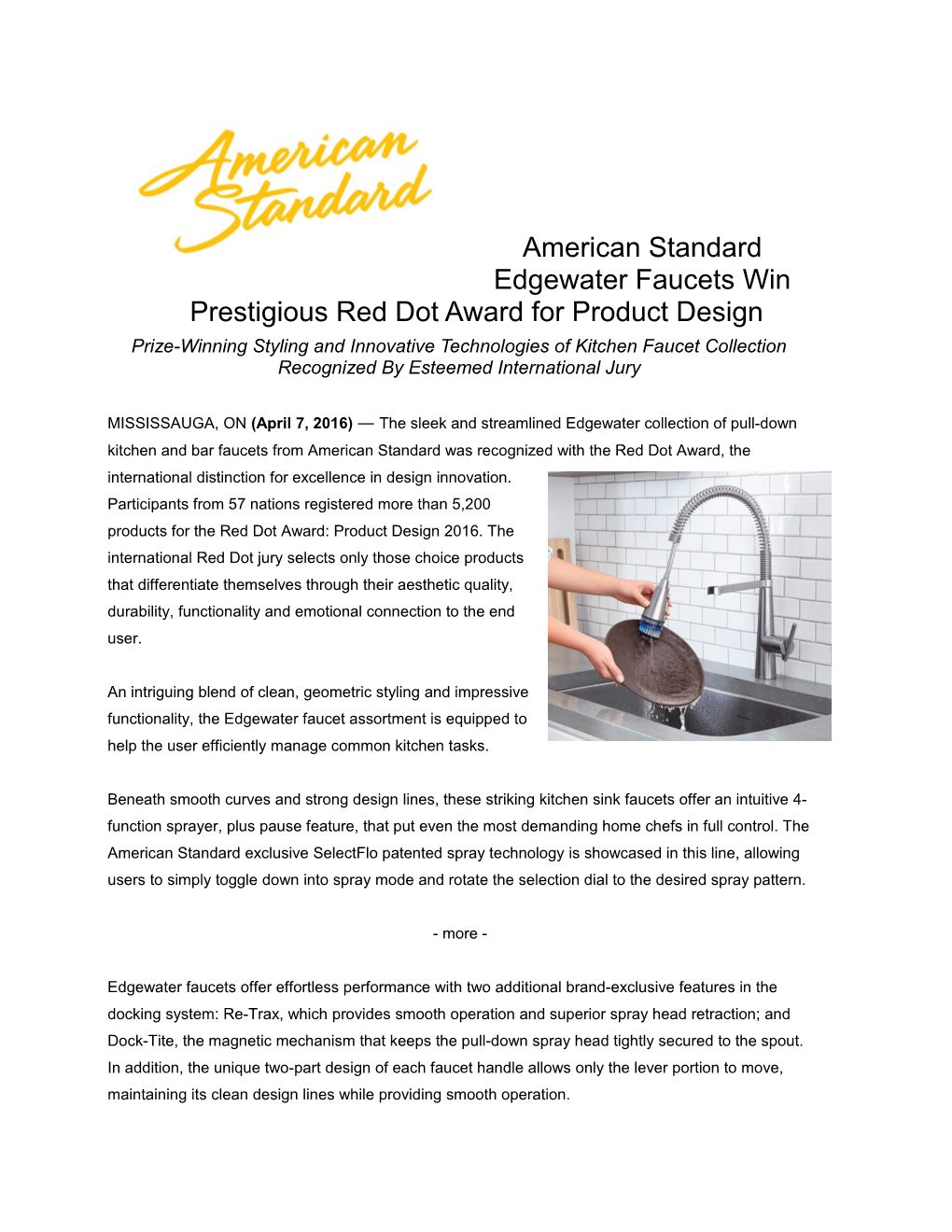 American Standard Edgewater Faucets Win Prestigious Red Dot Award for Product Design