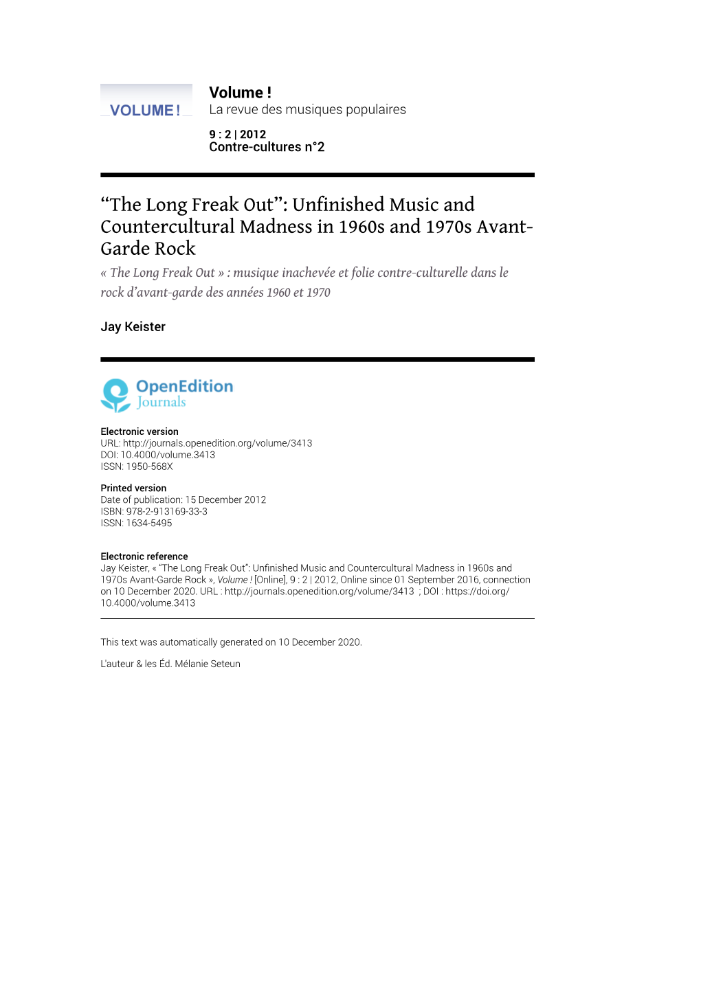 “The Long Freak Out”: Unfinished Music and Countercultural