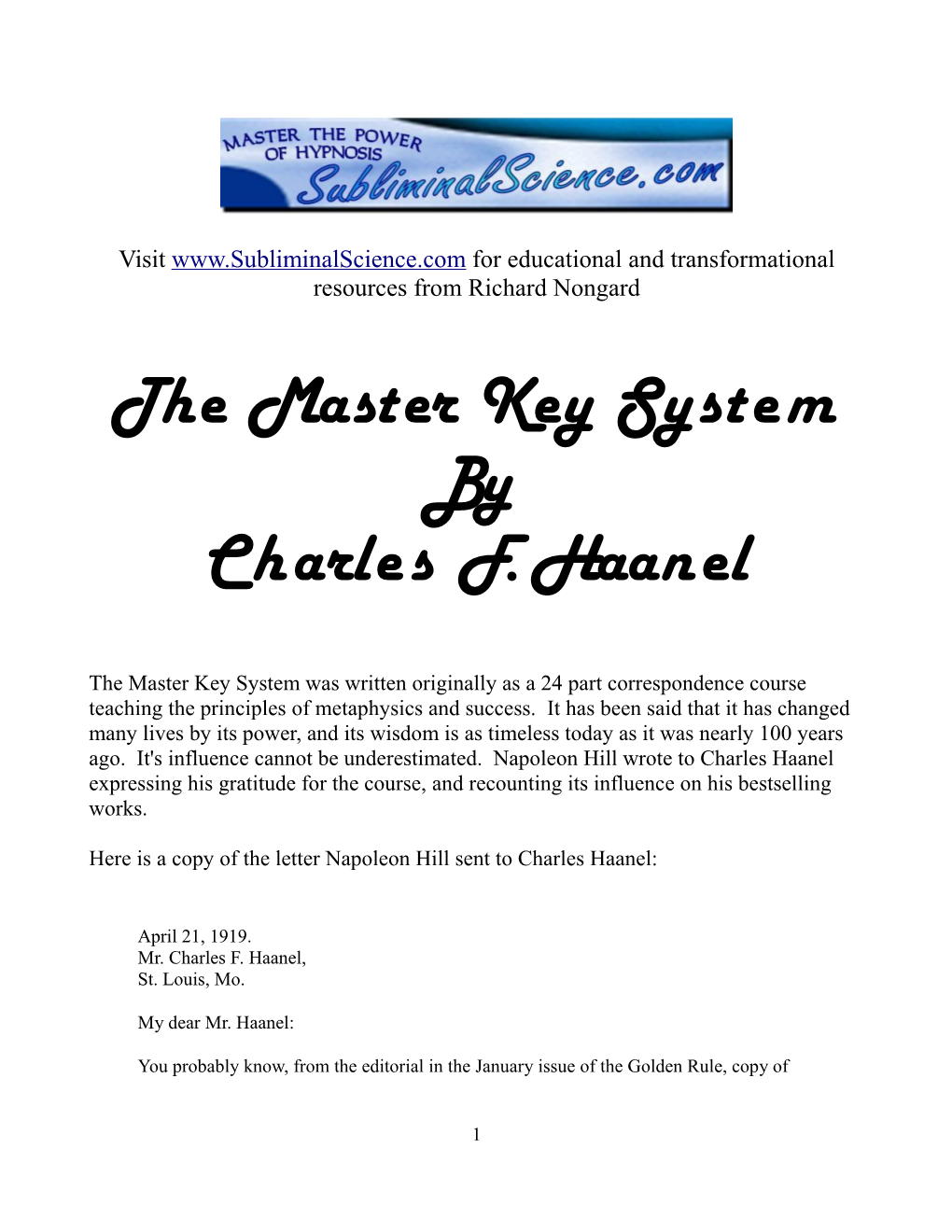 The Master Key System by Charles F. Haanel