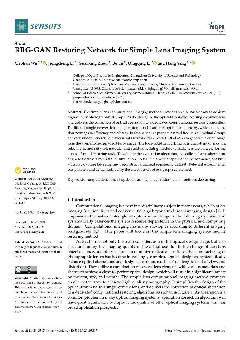 RRG-GAN Restoring Network for Simple Lens Imaging System