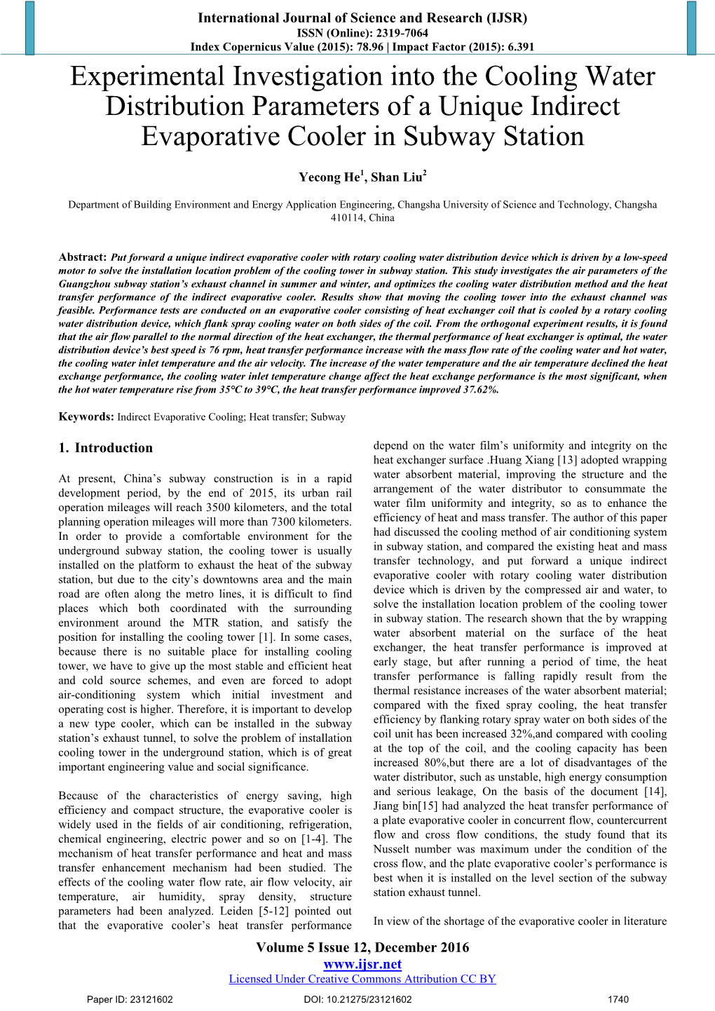 Experimental Investigation Into the Cooling Water Distribution Parameters of a Unique Indirect Evaporative Cooler in Subway Station