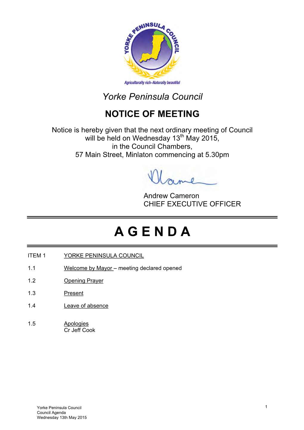 Council Agenda Wednesday 13Th May 2015 1.6 Conflict of Interest