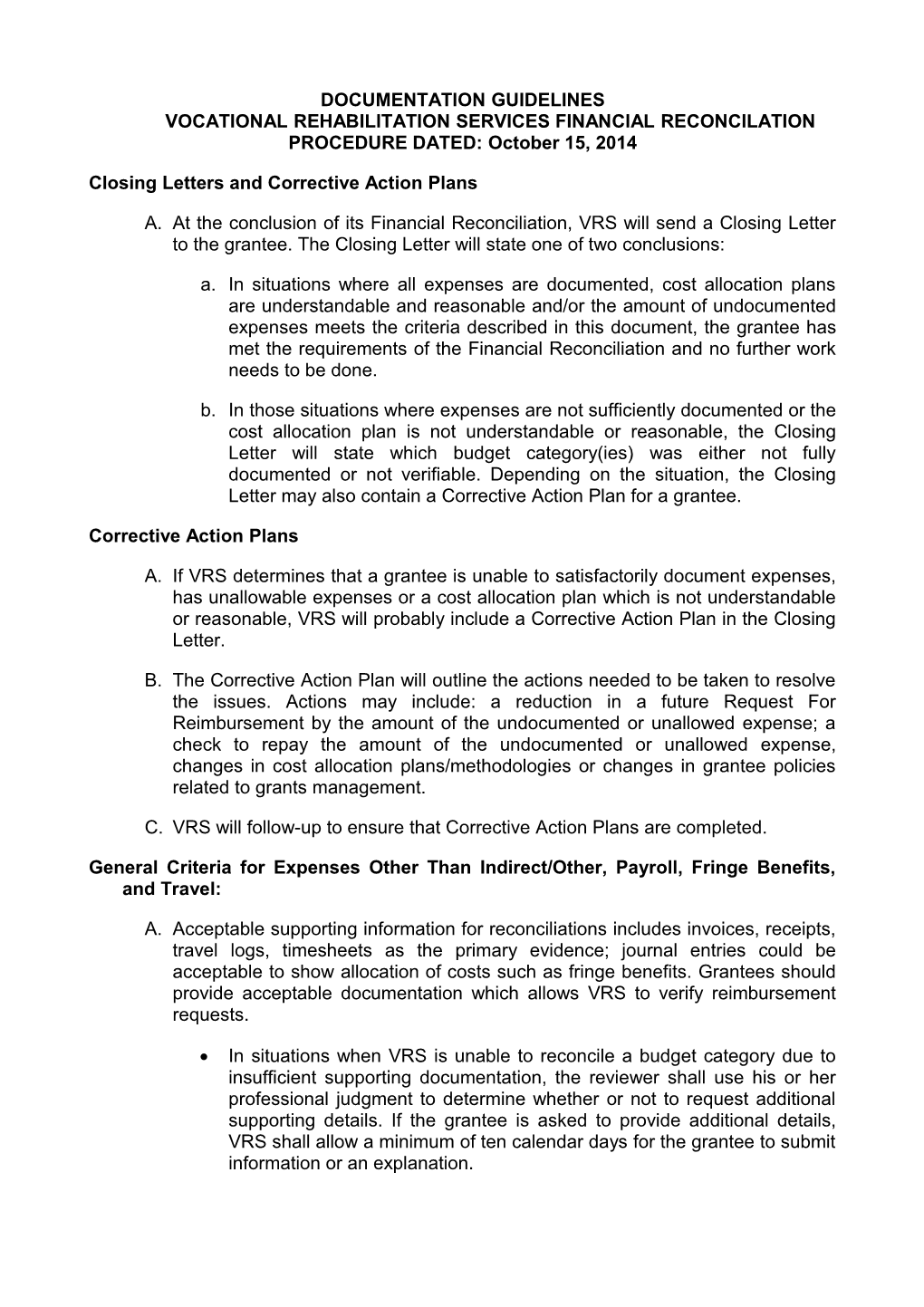 VRS Financial Reconciliation Criteria