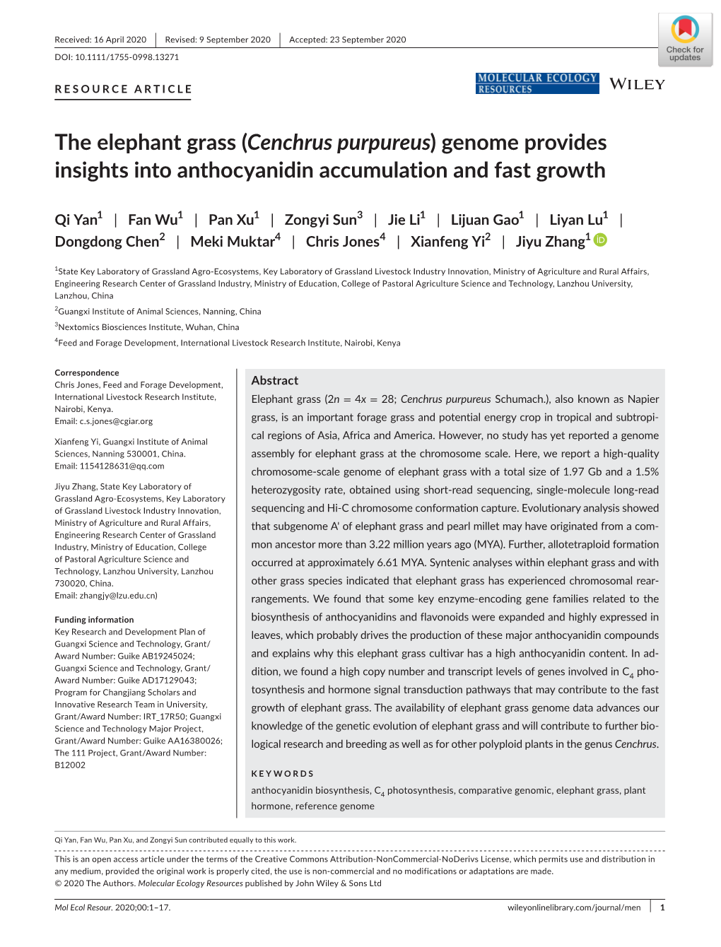 The Elephant Grass (Cenchrus Purpureus) Genome Provides Insights Into Anthocyanidin Accumulation and Fast Growth