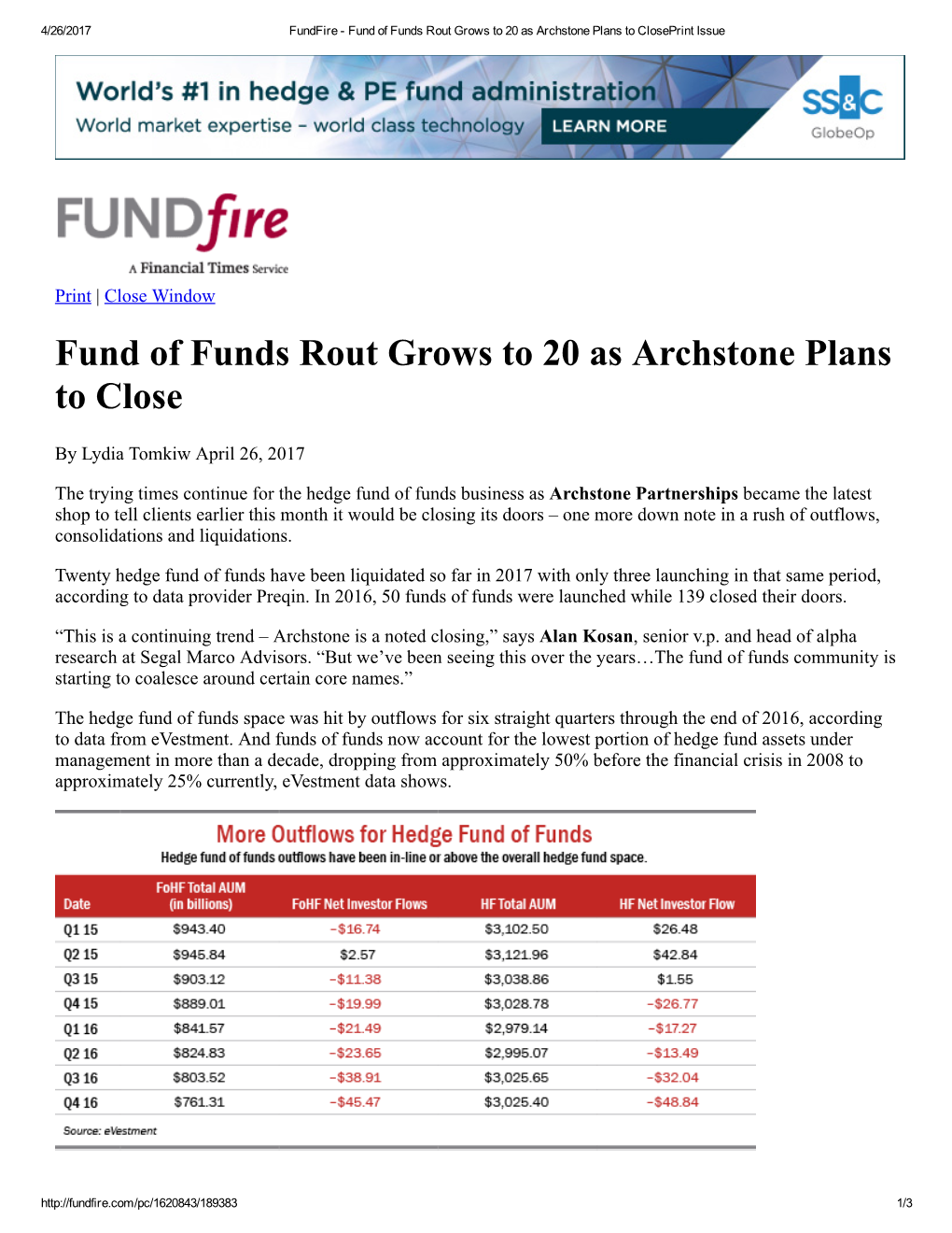 Fund of Funds Rout Grows to 20 As Archstone Plans to Closeprint Issue