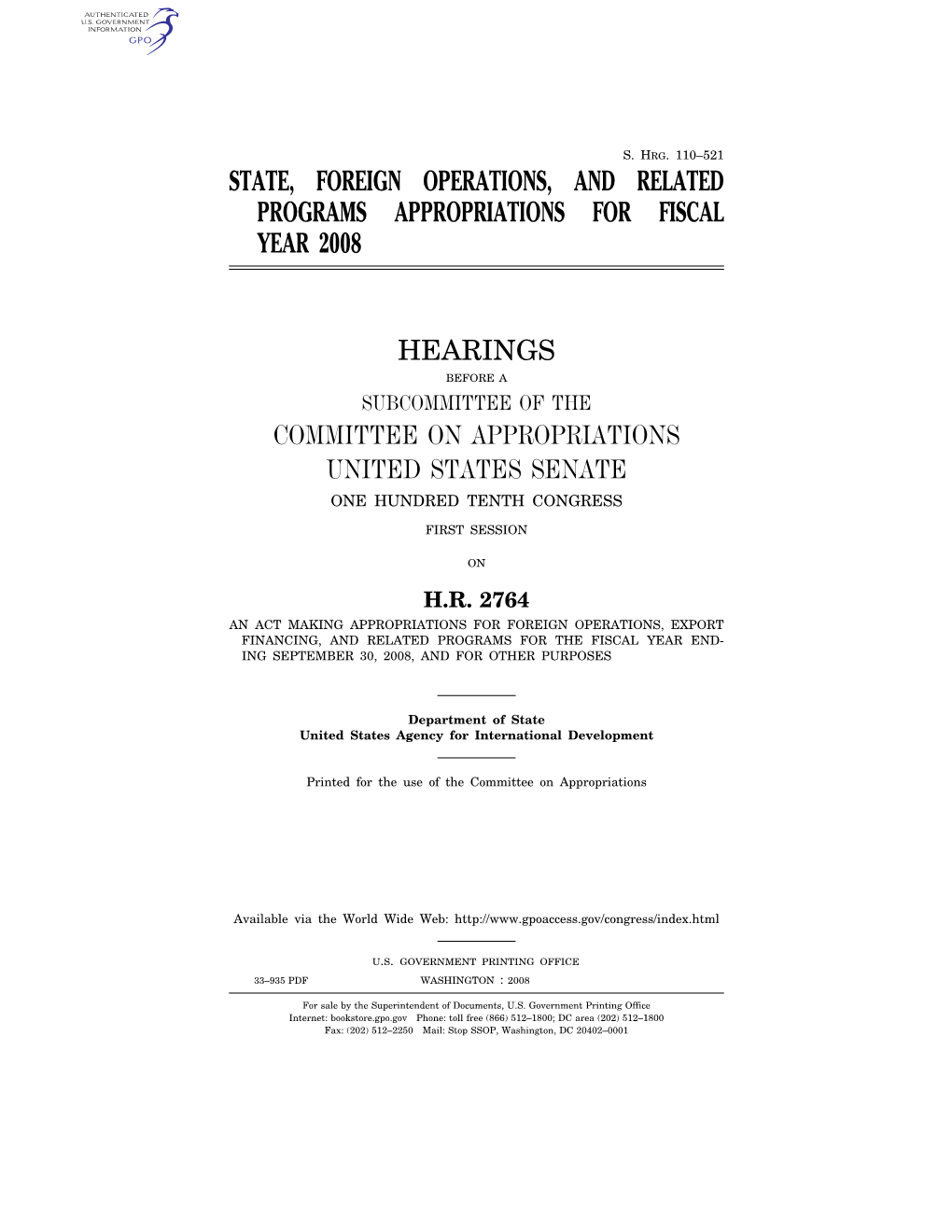 State, Foreign Operations, and Related Programs Appropriations for Fiscal Year 2008