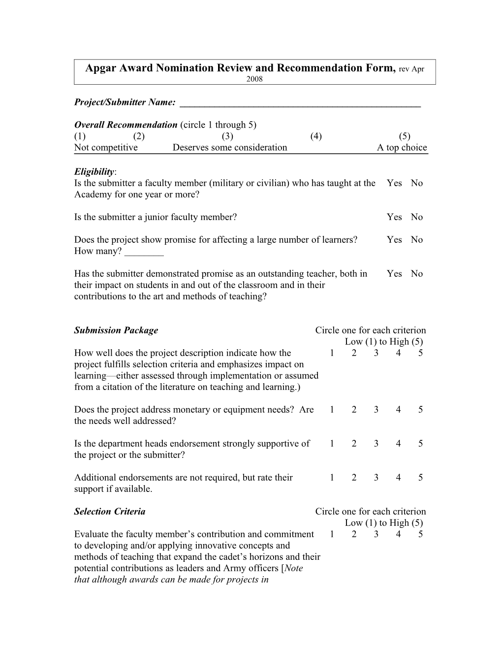 Apgar Award Nomination Review and Recommendation Form