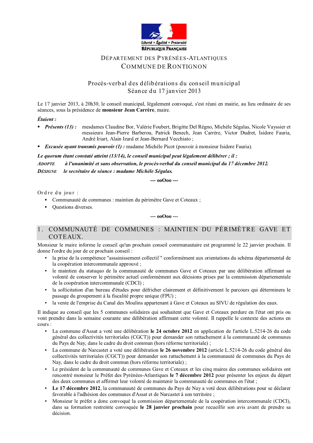 Procès-Verbal Des Délibérations Du Conseil Municipal Séance Du 17 Janvier 2013