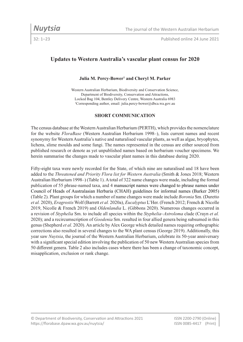 Nuytsia the Journal of the Western Australian Herbarium 32: 1–23 Published Online 24 June 2021