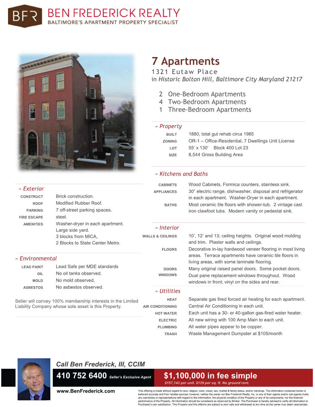 7 Apartments 1 321 Eutaw Place in Historic Bolton Hill, Baltimore City Maryland 21217