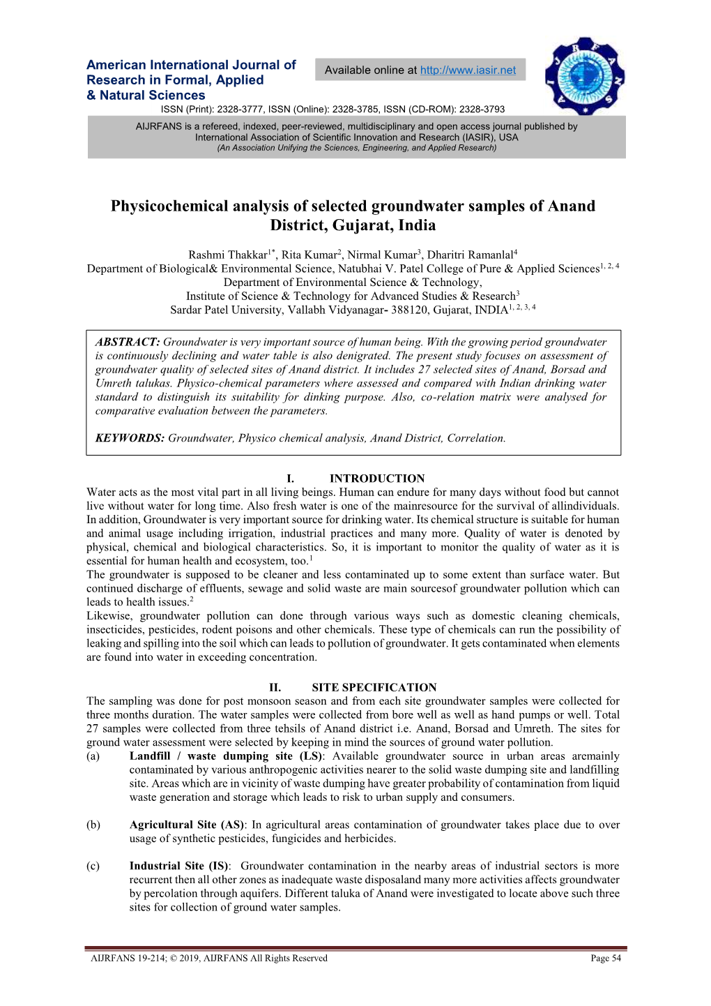 Physicochemical Analysis of Selected Groundwater Samples of Anand District, Gujarat, India