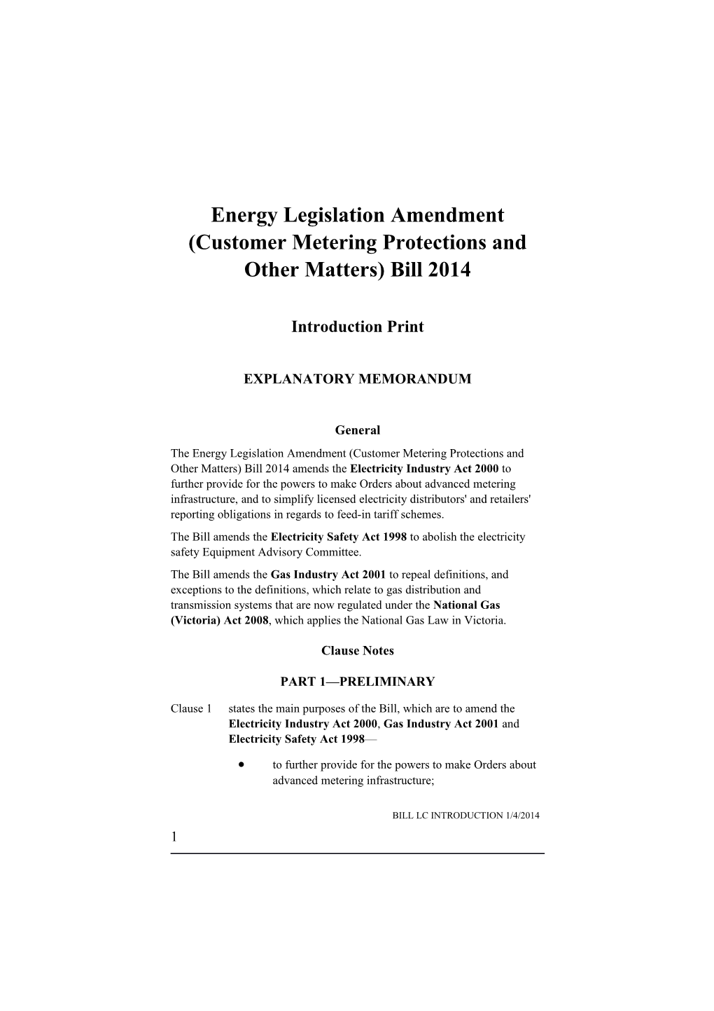 Energy Legislation Amendment (Customer Metering Protections and Other Matters) Bill 2014