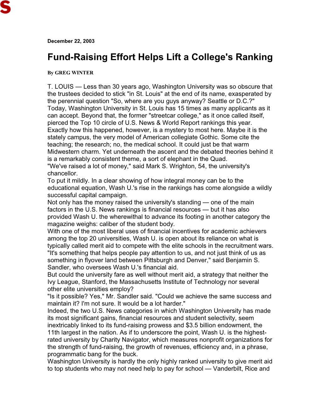 Fund-Raising Effort Helps Lift a College's Ranking