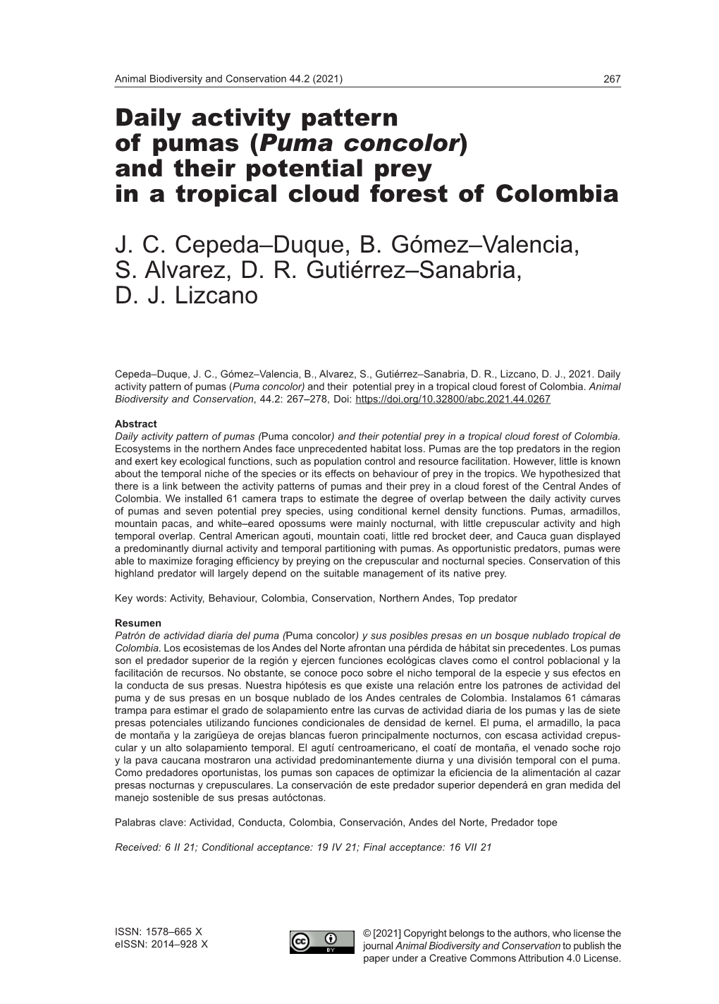 And Their Potential Prey in a Tropical Cloud Forest of Colombia JC Cepeda