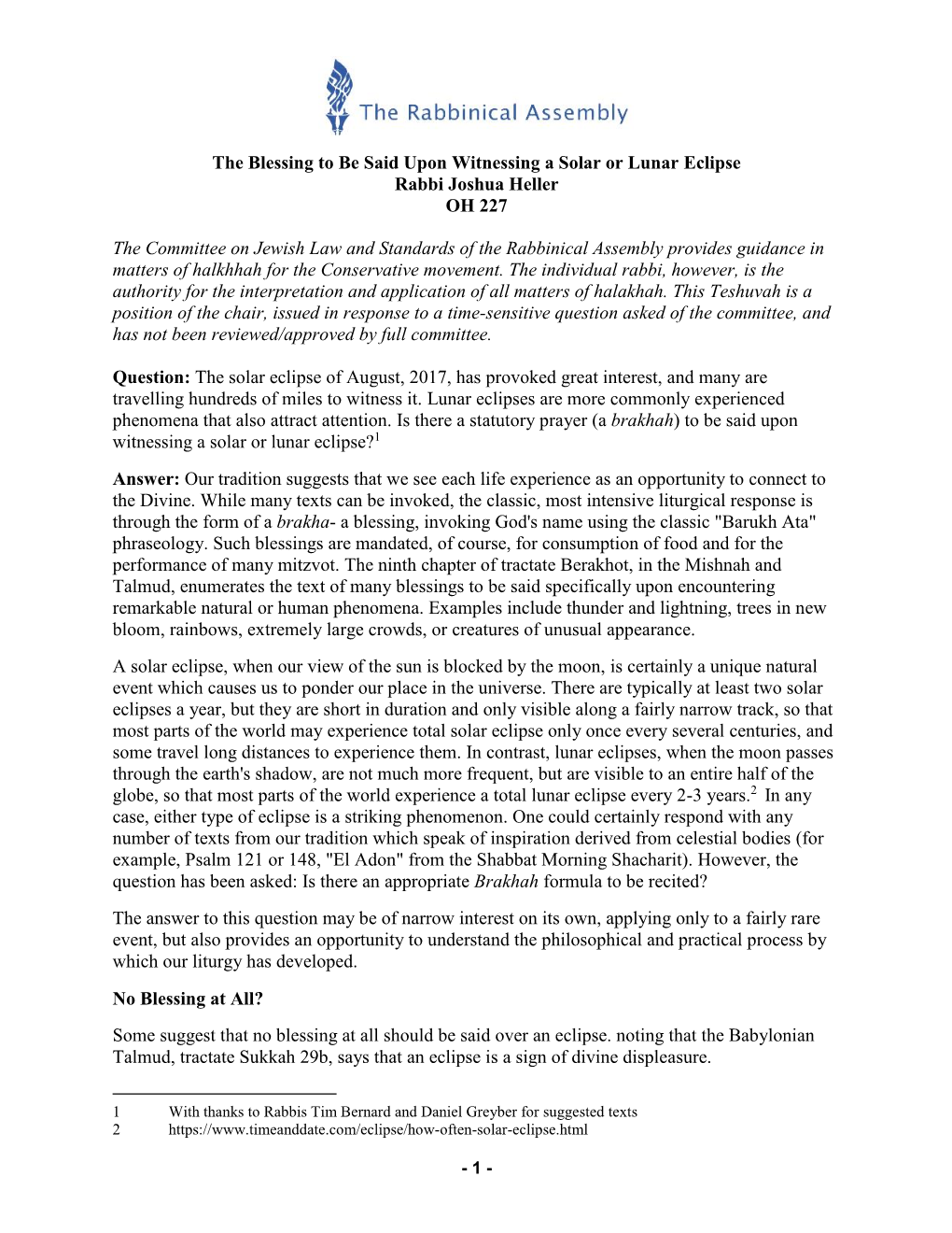 The Blessing to Be Said Upon Witnessing a Solar Or Lunar Eclipse Rabbi Joshua Heller OH 227 the Committee on Jewish Law And