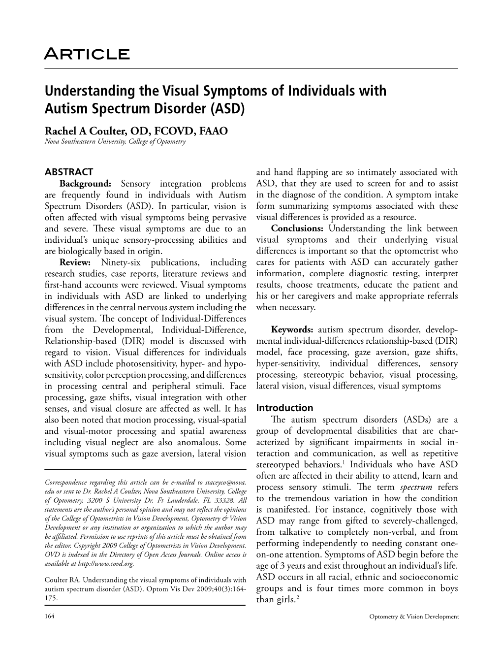 Understanding the Visual Symptoms of Individuals with Autism Spectrum