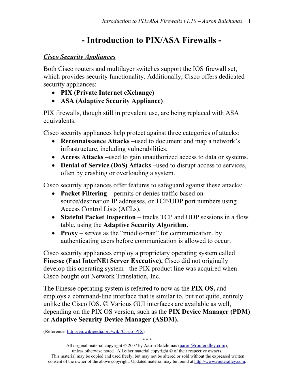 Introduction to Cisco PIX/ASA Firewalls