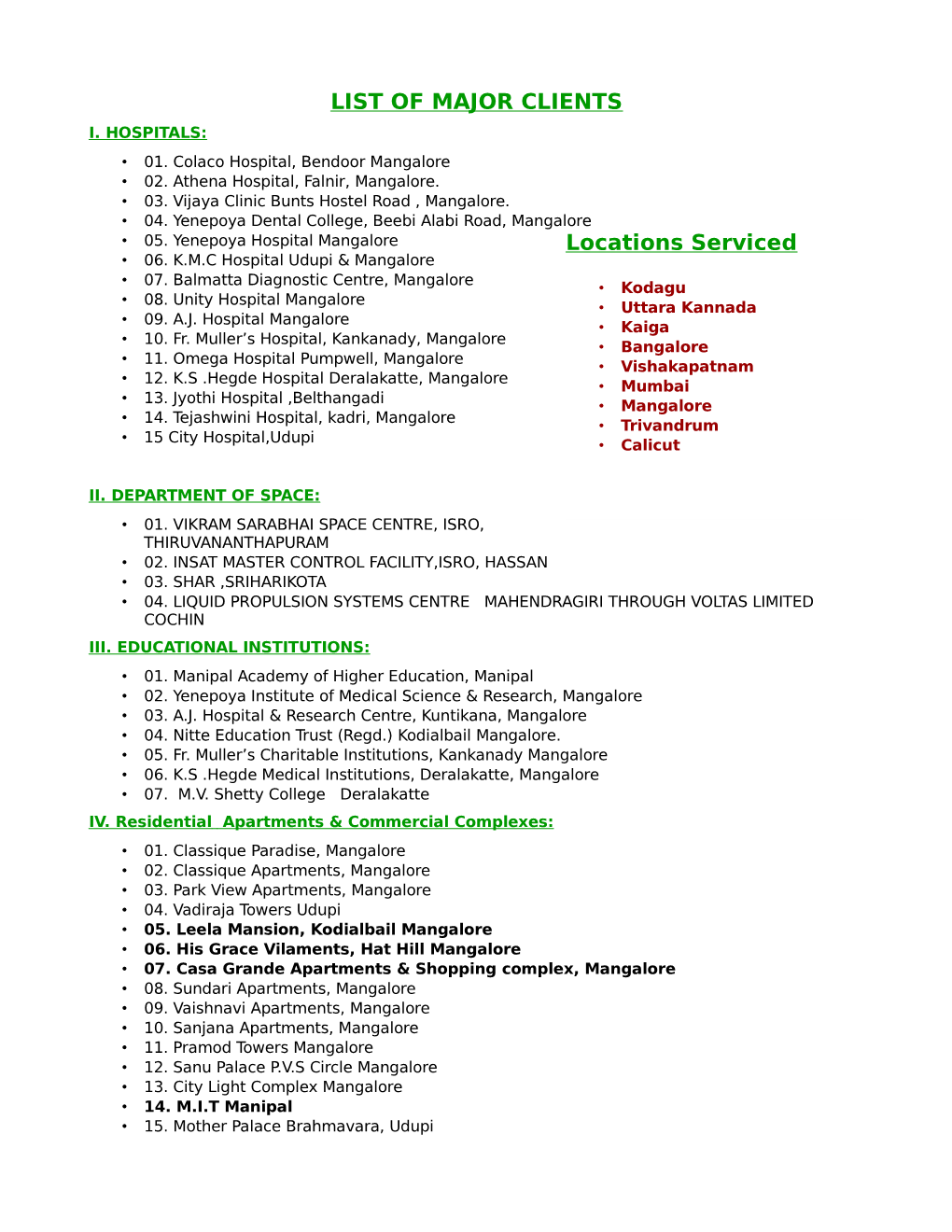 LIST of MAJOR CLIENTS Locations Serviced