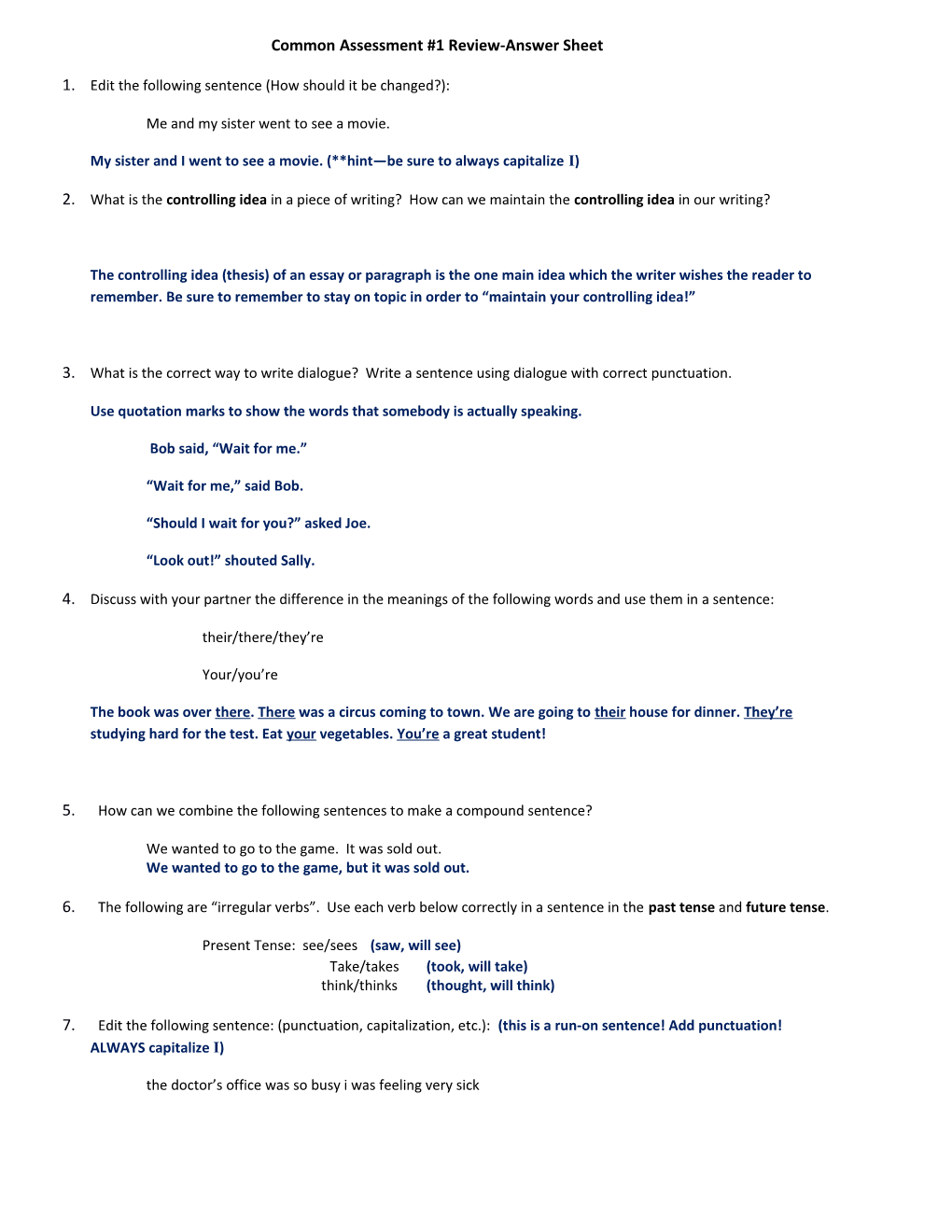 Common Assessment #1 Review-Answer Sheet