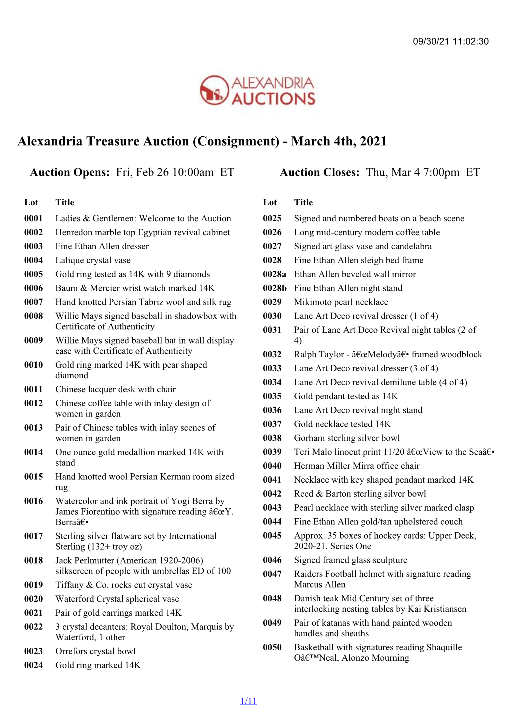 Alexandria Treasure Auction (Consignment) - March 4Th, 2021