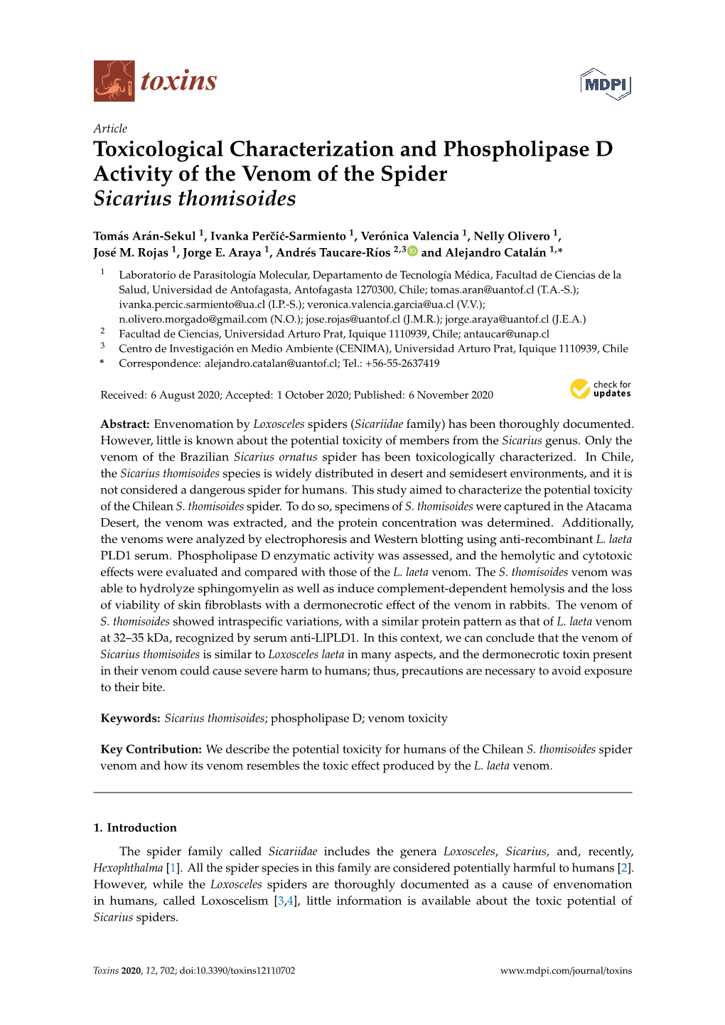 Toxicological Characterization and Phospholipase D Activity of the Venom of the Spider Sicarius Thomisoides