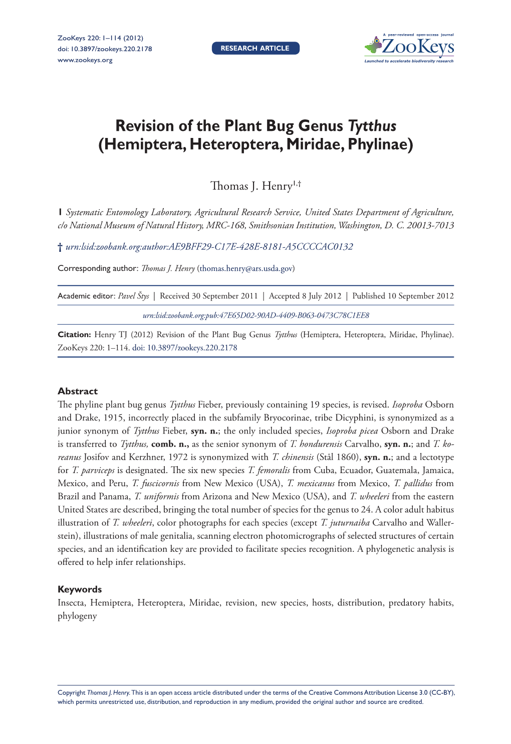 Revision of the Plant Bug Genus Tytthus (Hemiptera, Heteroptera, Miridae, Phylinae)