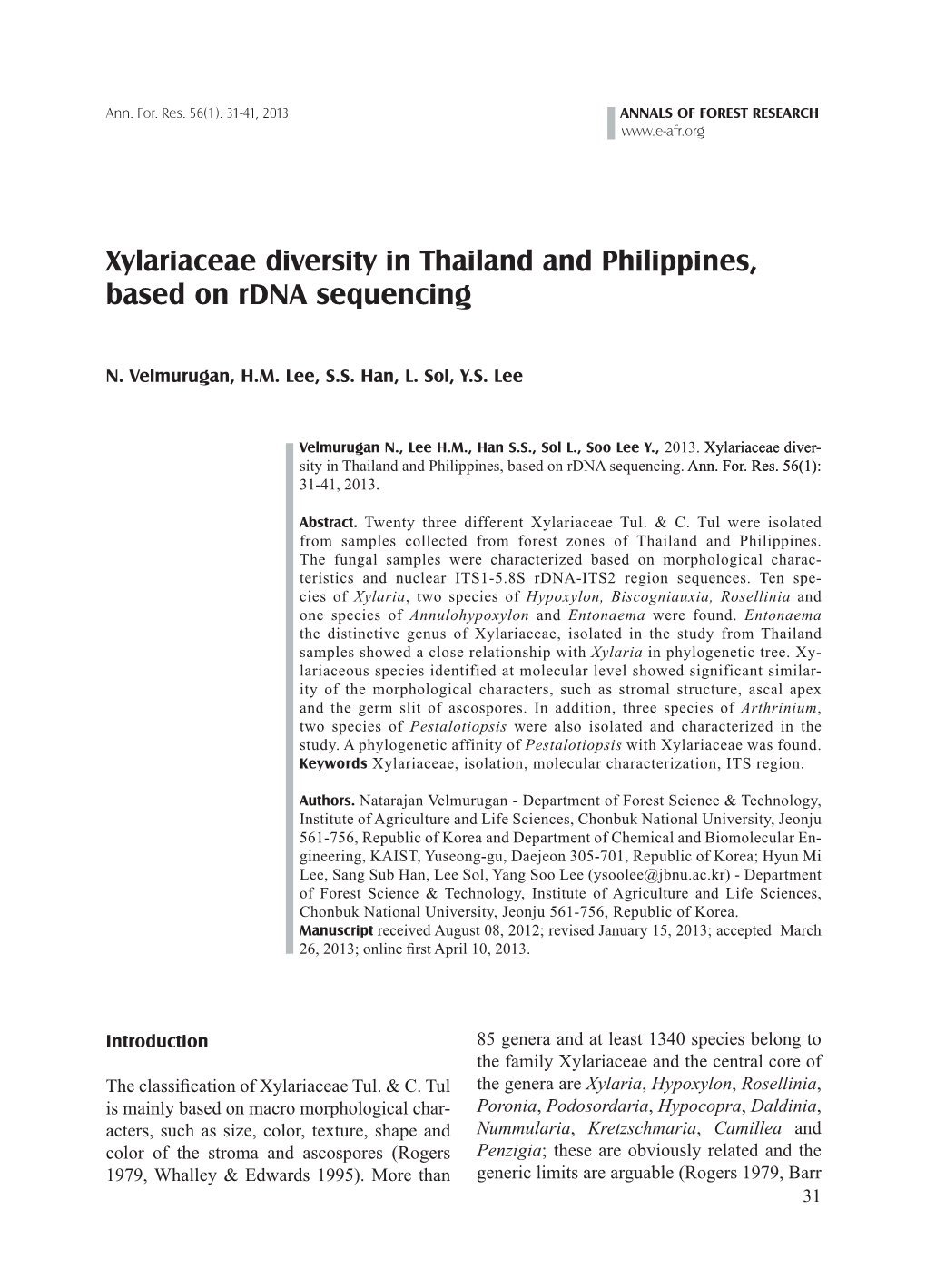 Xylariaceae Diversity in Thailand and Philippines, Based on Rdna Sequencing