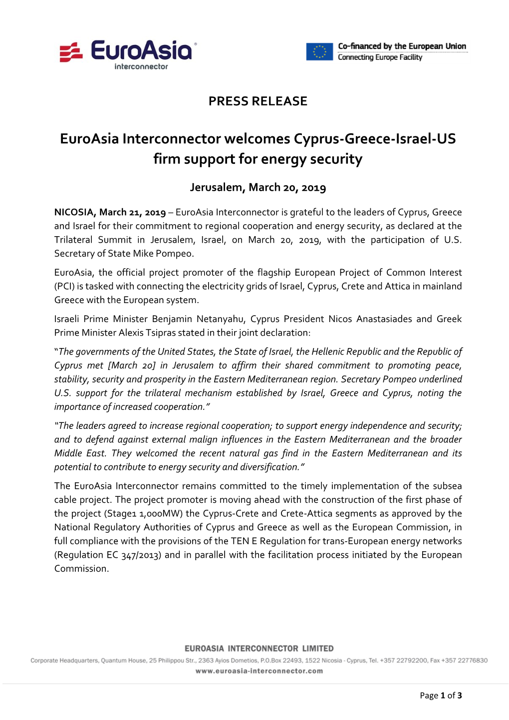 Euroasia Interconnector Welcomes Cyprus-Greece-Israel-US Firm Support for Energy Security