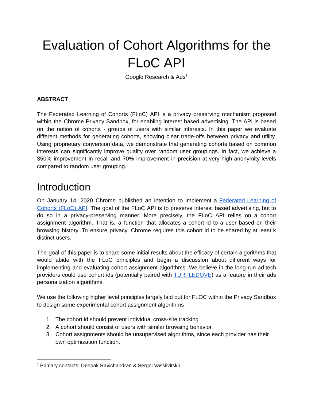Evaluation of Cohort Algorithms for the Floc API Google Research & Ads1