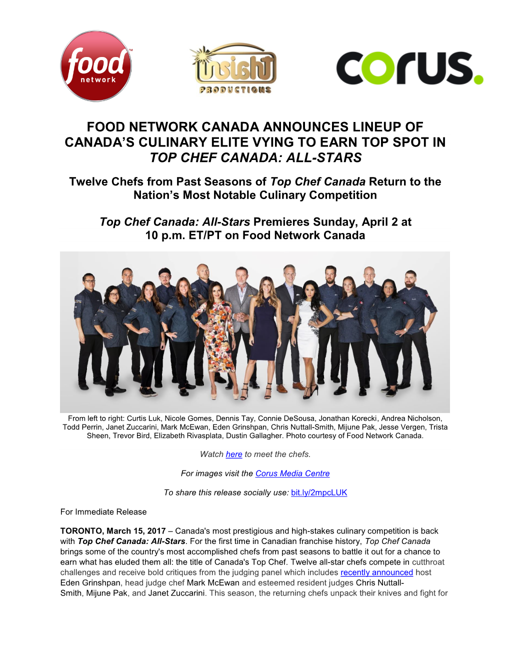 Food Network Canada Announces Lineup of Canada’S Culinary Elite Vying to Earn Top Spot in Top Chef Canada: All-Stars