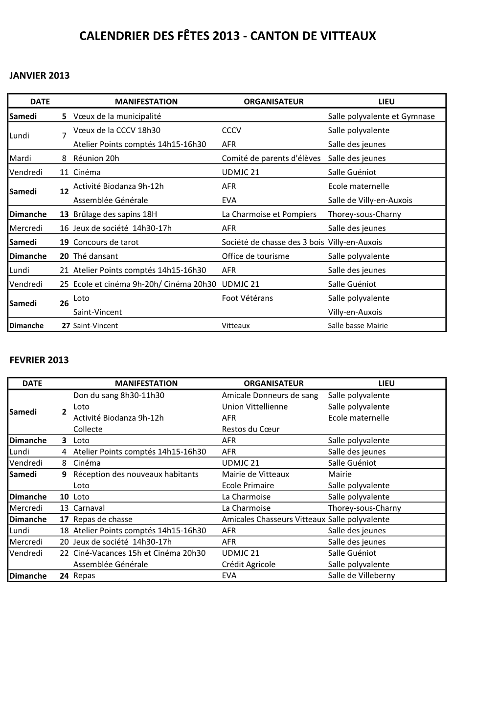 Calendrier Des Fêtes 2013 - Canton De Vitteaux