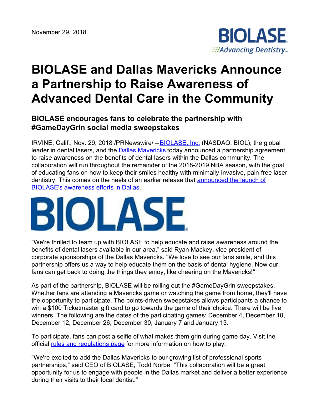 BIOLASE and Dallas Mavericks Announce a Partnership to Raise Awareness of Advanced Dental Care in the Community