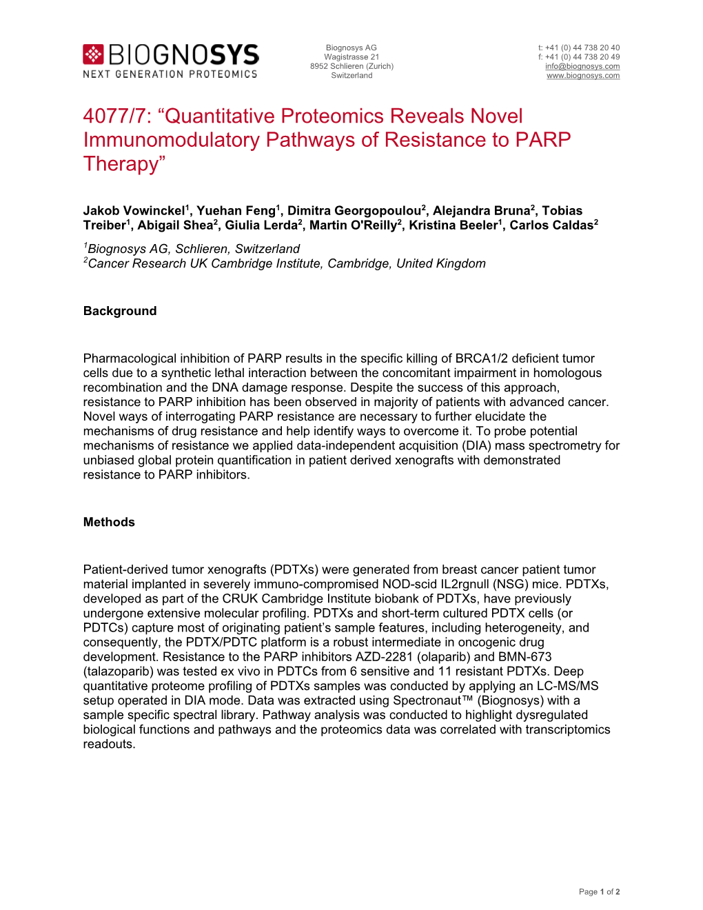 4077/7: “Quantitative Proteomics Reveals Novel Immunomodulatory Pathways of Resistance to PARP Therapy”