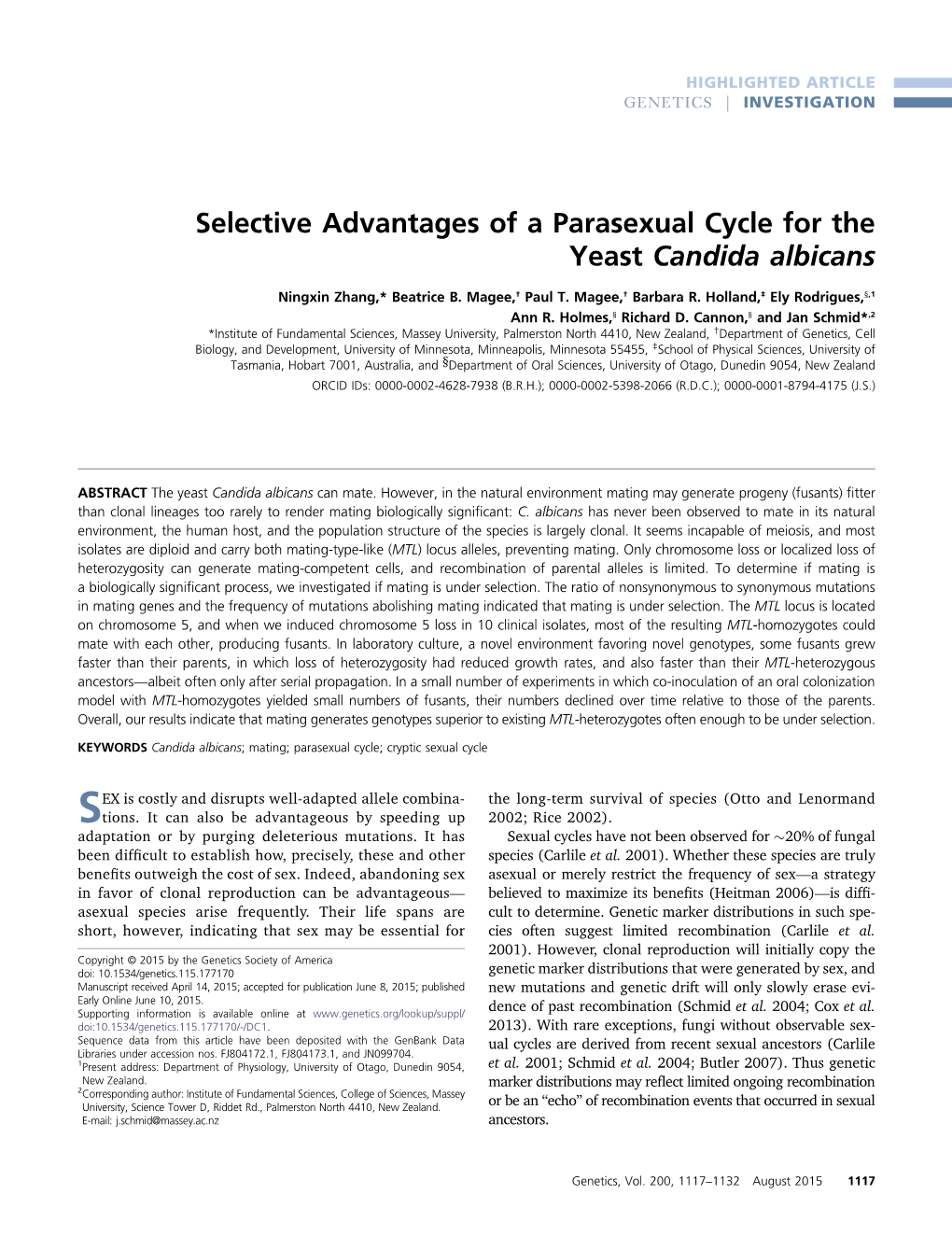 Selective Advantages of a Parasexual Cycle for the Yeast Candida Albicans