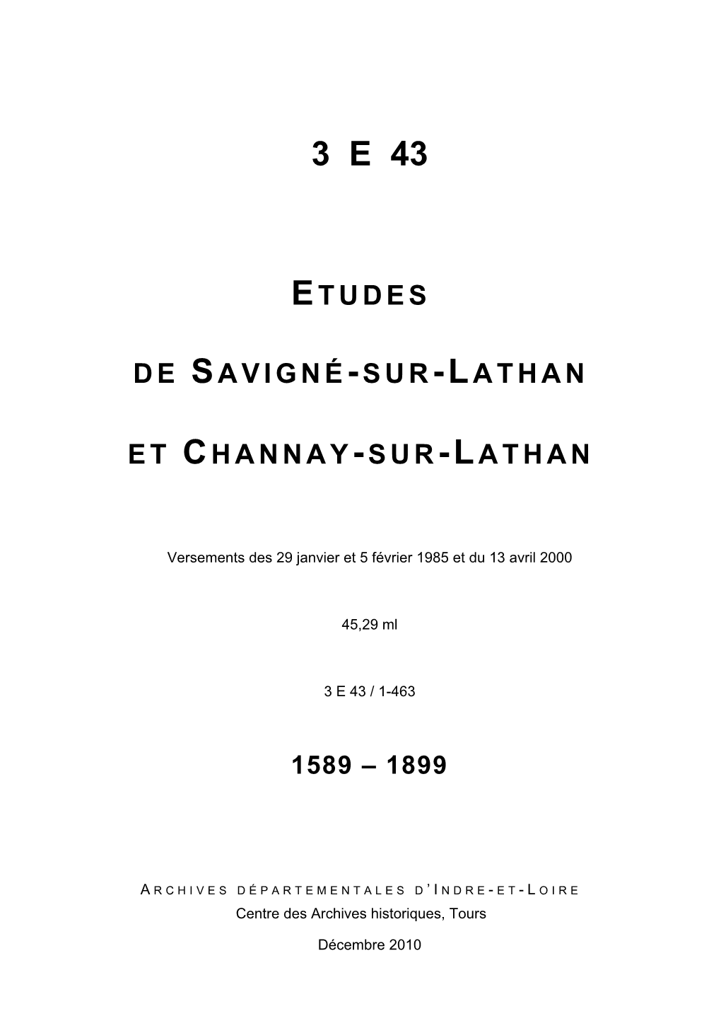 ETUDE DE CHANNAY-SUR-LATHAN (An VIII-1899)