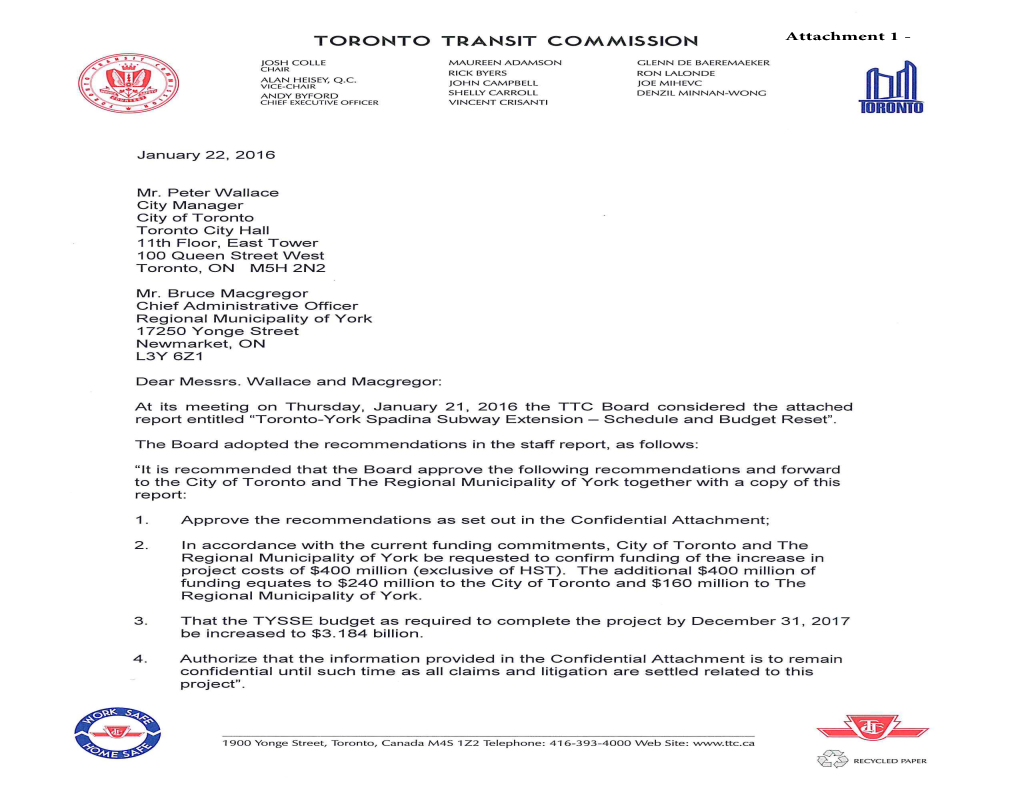 TTC Transmittal Letter and TTC Board Report Including Attachments 1 to 3