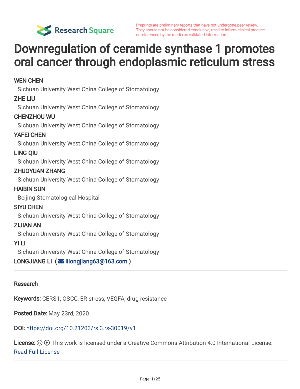 Downregulation of Ceramide Synthase 1 Promotes Oral Cancer Through Endoplasmic Reticulum Stress