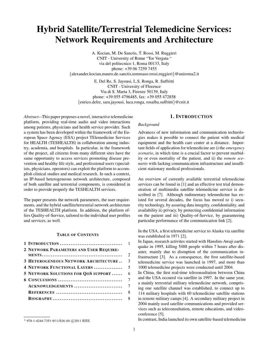 Hybrid Satellite/Terrestrial Telemedicine Services: Network Requirements and Architecture